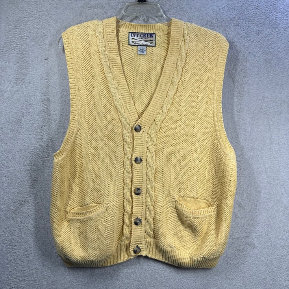 Ivy Crew Sweater Vest Mens L Yellow Vintage Cable Knit Chevron Button Front